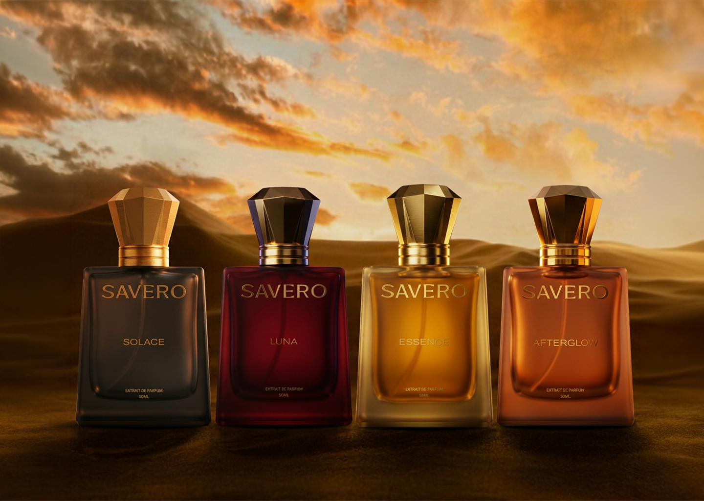 SAVERO Solace, Luna, Essence and Afterglow in a golden desert landscape